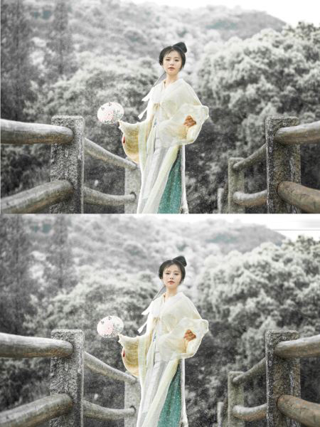 Photoshop调出冷色唯美雪景人物写真照片调色教程