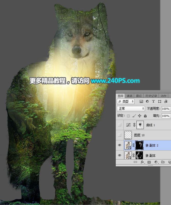 ps怎样制作合成狼与森林结合的二次曝光效果?