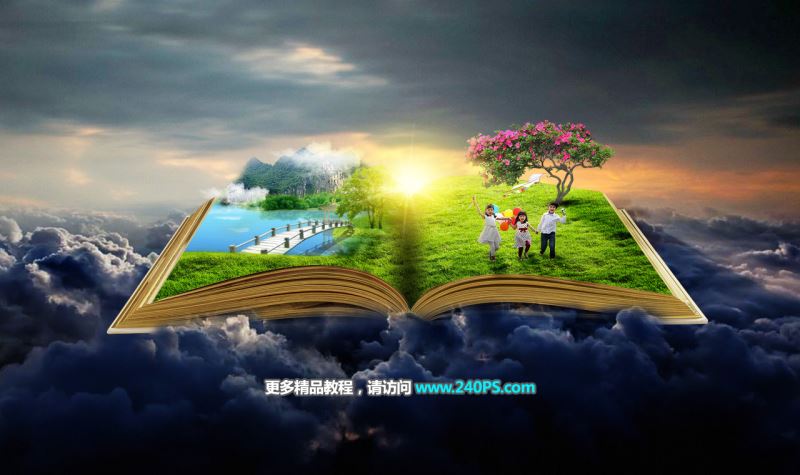 ps创意合成巨大书本中儿童们欢乐踏春的图片<a href=/photoshop/ target=_blank class=infotextkey>教程</a>
