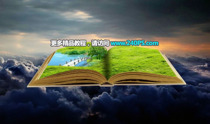 ps创意合成巨大书本中儿童们欢乐踏春的图片教程