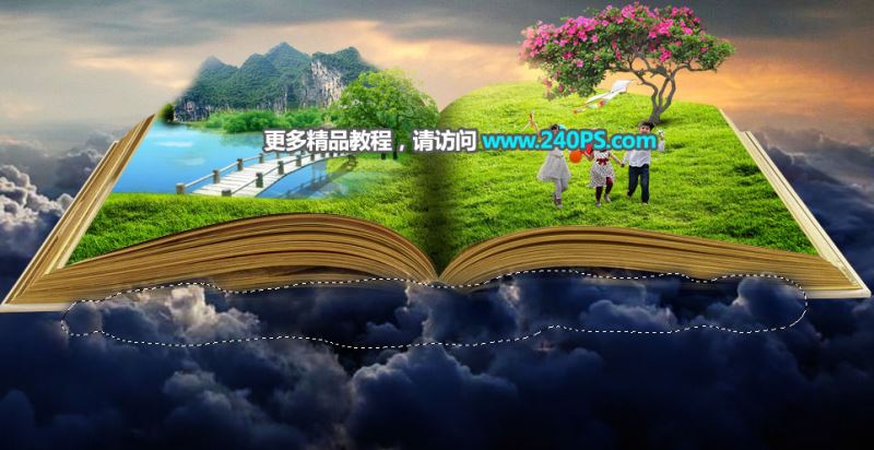 ps创意合成巨大书本中儿童们欢乐踏春的图片教程