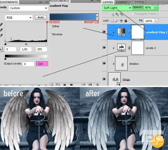 Photoshop合成冷色调风格的天使女武士