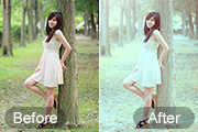 Photoshop调出淡黄绿色效果的树林美女照片调色教程