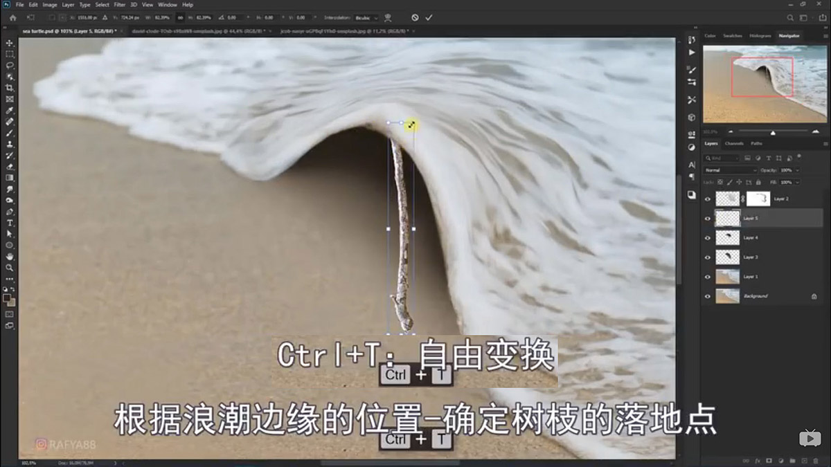 Photoshop合成海边海龟和被掀起的海浪场景