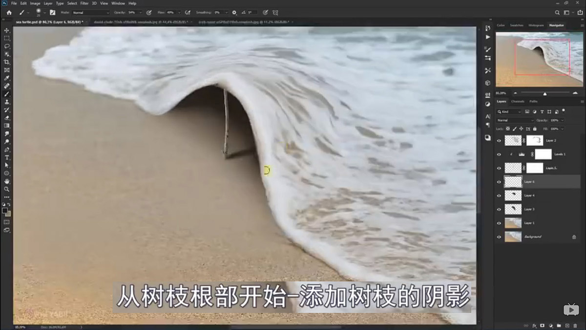 Photoshop合成海边海龟和被掀起的海浪场景