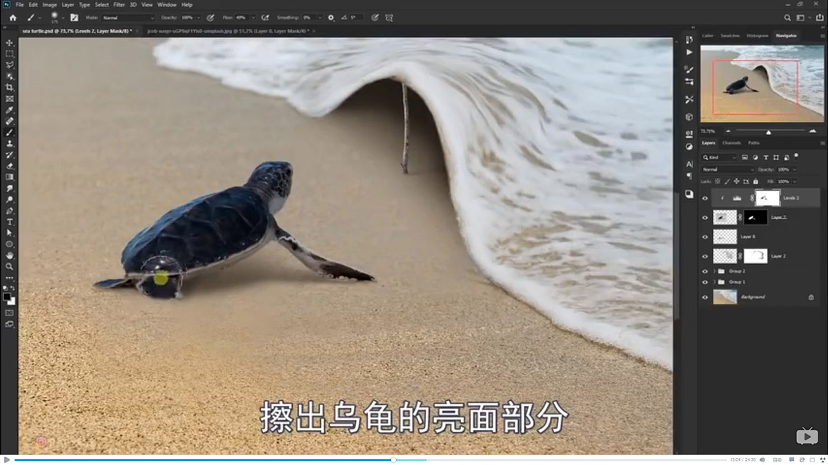 Photoshop合成海边海龟和被掀起的海浪场景