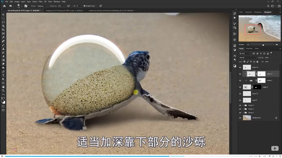 Photoshop合成海边海龟和被掀起的海浪场景