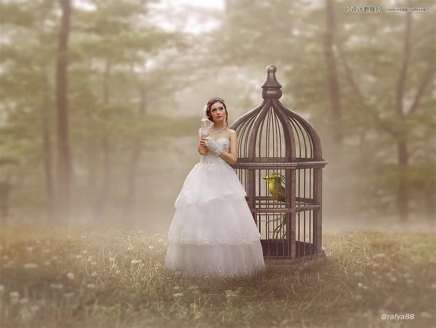 Photoshop创意合成森林中的新娘和鸟笼