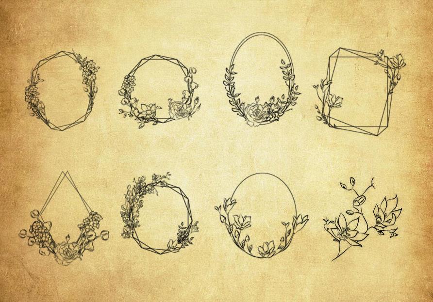 时尚线描花朵边框PS笔刷