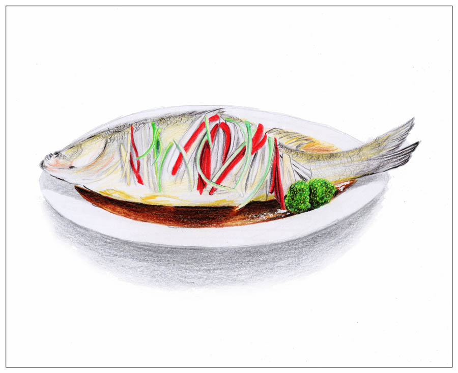 绘画大师绘制逼真的清蒸鲈鱼作品
