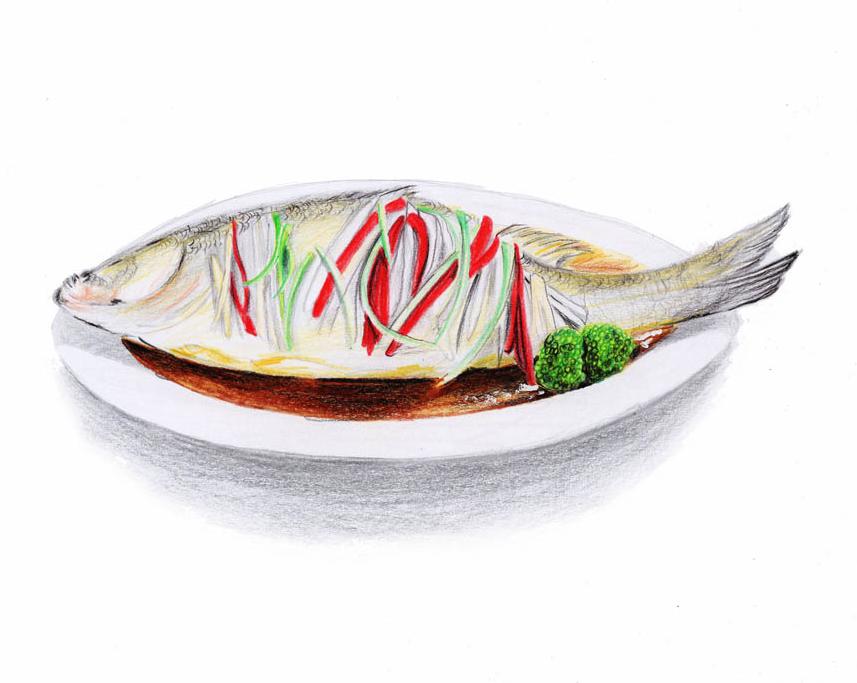 绘画大师绘制逼真的清蒸鲈鱼作品