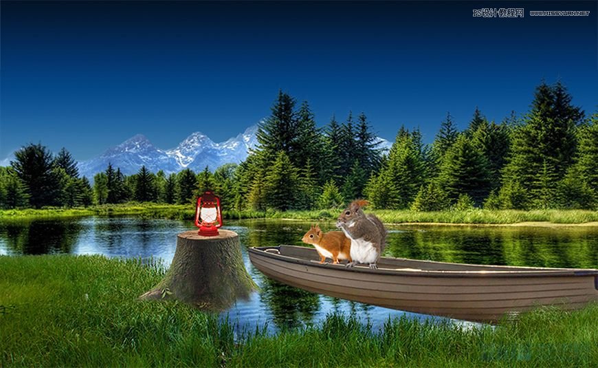 Photoshop合成森林中马灯下的小动物