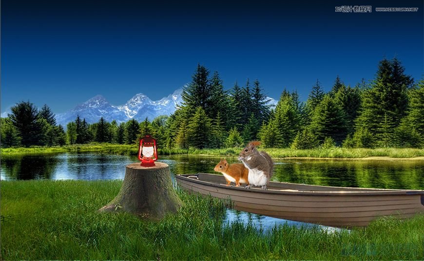 Photoshop合成森林中马灯下的小动物