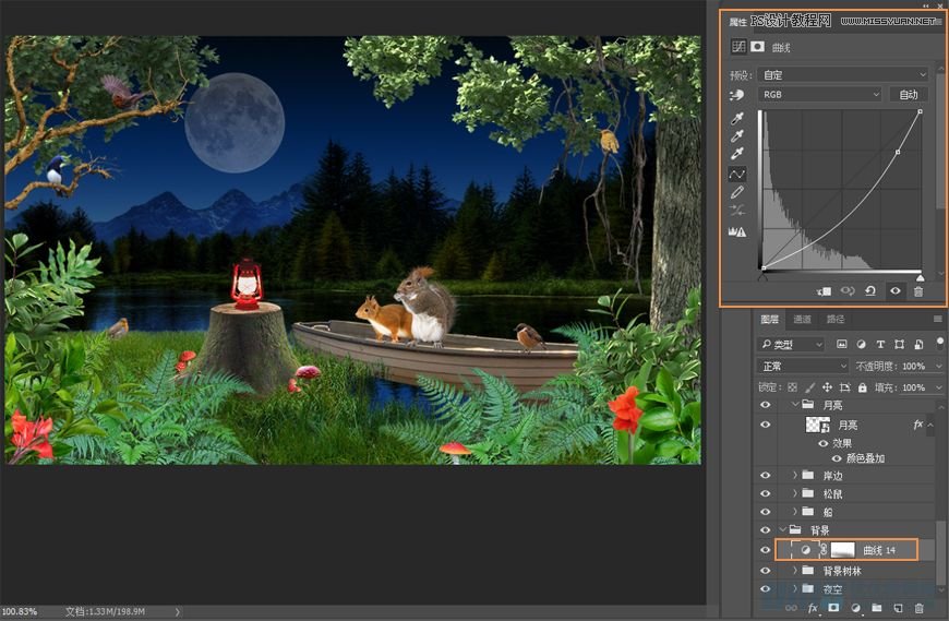 Photoshop合成森林中马灯下的小动物