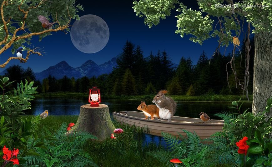 Photoshop合成森林中马灯下的小动物