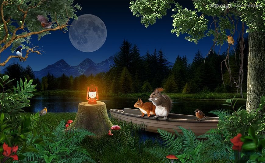 Photoshop合成森林中马灯下的小动物