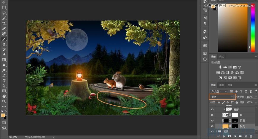 Photoshop合成森林中马灯下的小动物