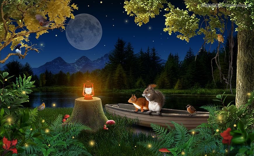 Photoshop合成森林中马灯下的小动物