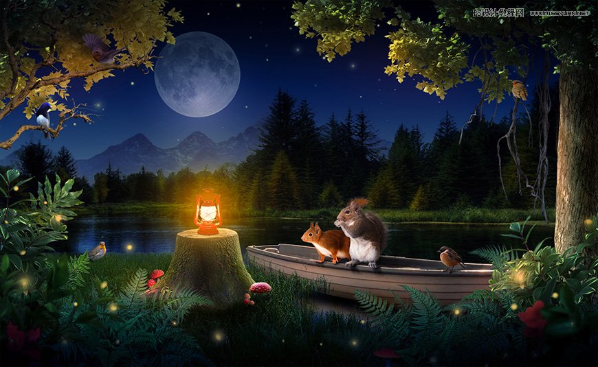 Photoshop合成森林中马灯下的小动物