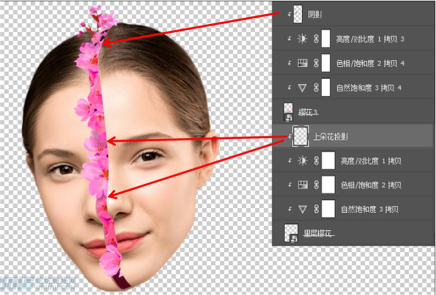 Photoshop合成创意头像长出花朵效果