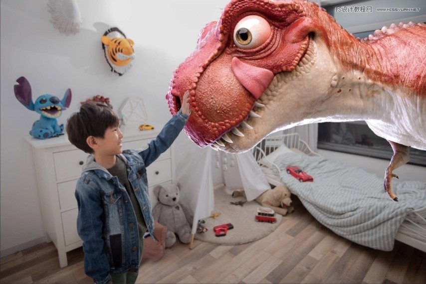 Photoshop合成房间里抚摸恐龙头的小男孩