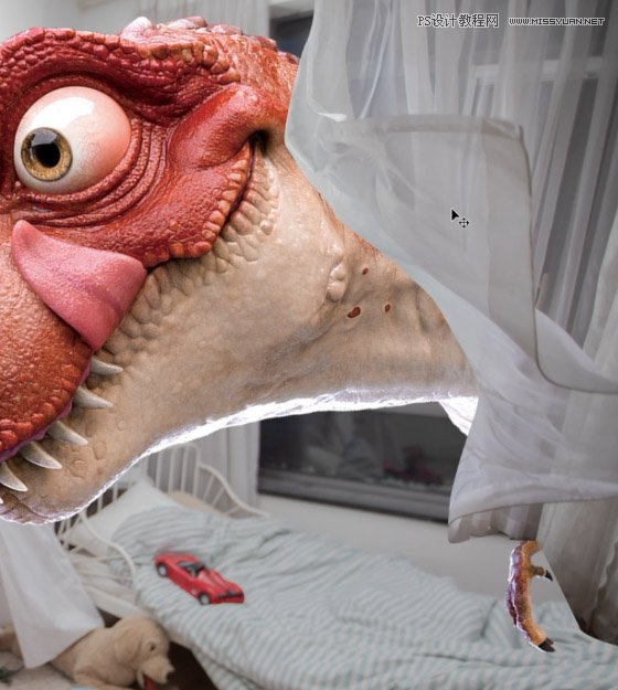 Photoshop合成房间里抚摸恐龙头的小男孩