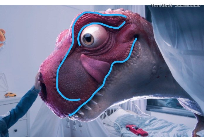 Photoshop合成房间里抚摸恐龙头的小男孩