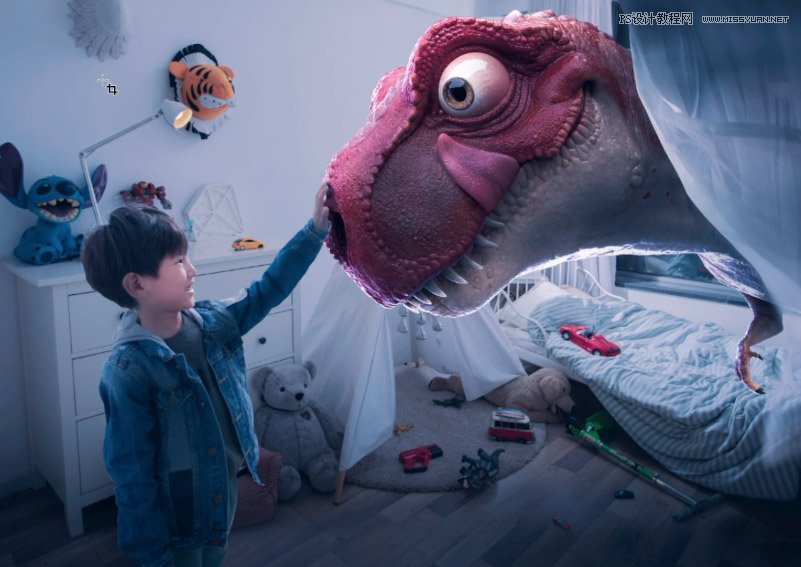 Photoshop合成房间里抚摸恐龙头的小男孩