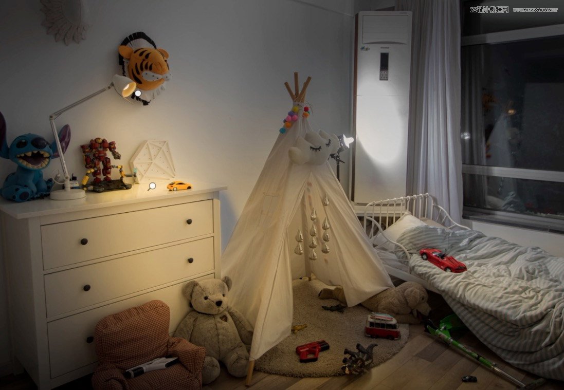 Photoshop合成房间里抚摸恐龙头的小男孩