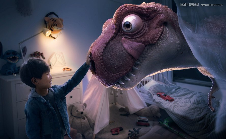 Photoshop合成房间里抚摸恐龙头的小男孩