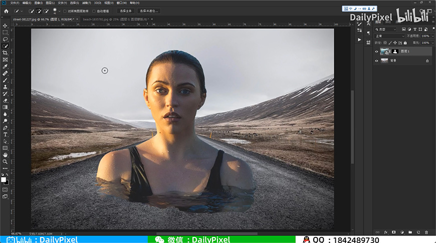 Photoshop合成在马路上游泳的美女