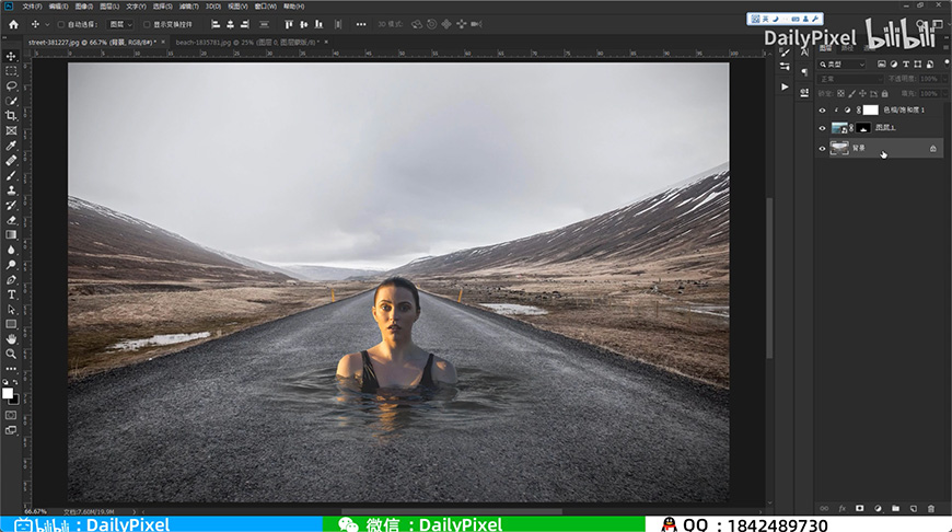 Photoshop合成在马路上游泳的美女