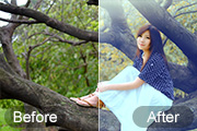 Photoshop制作坐树枝上的蓝黄色小清新美女照片