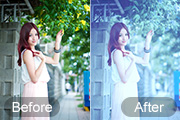 Photoshop打造柔美冷调青蓝色外景美女照片调色教程